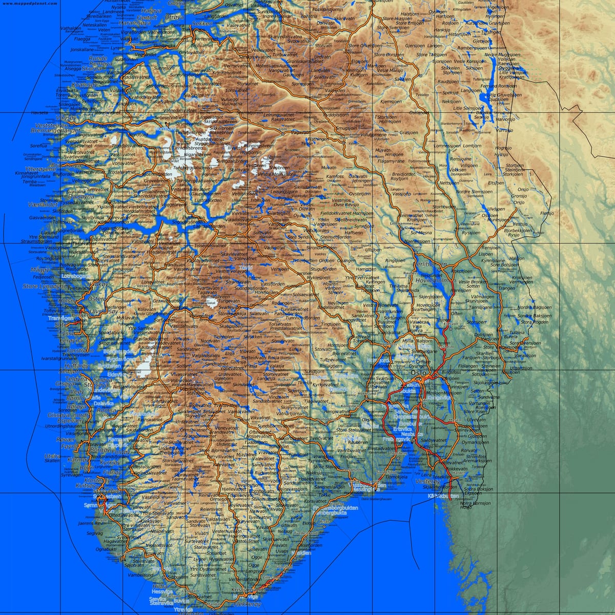 વિગતવાર નકશો દક્ષિણ નોર્વે
