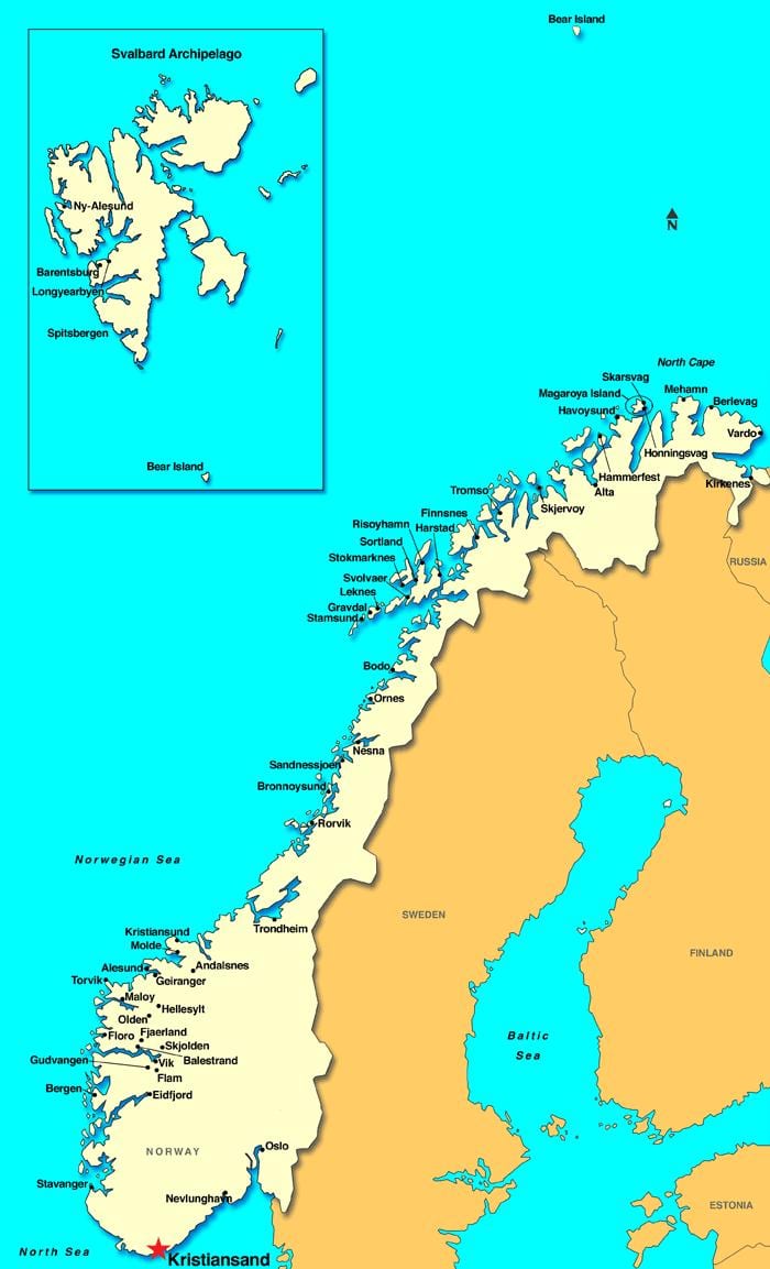 નકશો kristiansand ઓફ નોર્વે