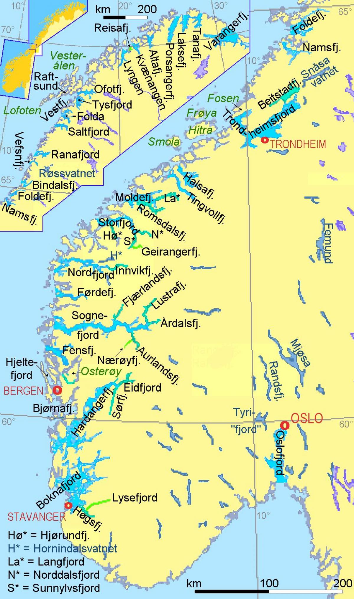 નકશો નોર્વે દર્શાવે fjords